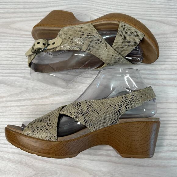 Dansko Jacinda Wedge Sandals WMNS 38 Taupe Snake Skin Crossover Strap Sling Back - Picture 7 of 13